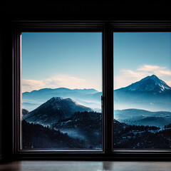 Image of an open window with a mountain view. High quality illustration
