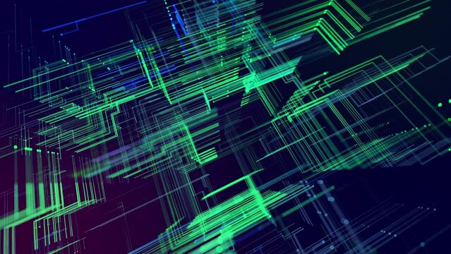 info concept lines and nodes. vj loop hologram abstract background sci fi theme, information blocks, ai construction light grid, neon lines and dots, nodes and lines. Layered complex construction