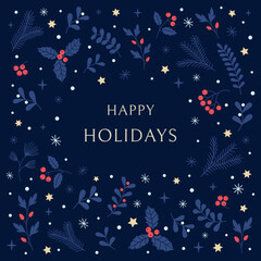 Fototapeta na wymiar Christmas greeting card with hand drawn decorative elements, holly, snowflakes, poinsettia. Modern vector cute flat illustration.