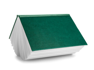 Flying green hardcover book on white background