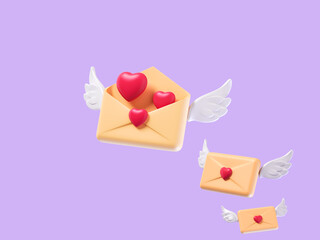 Open envelopes with red heart and wings. love Message. Delivered message to a loved one. Cartoon creative design icon isolated on purple background. February 14 concept. 3D Rendering