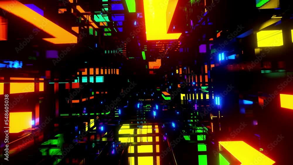 Poster multicolored boxes. hi-tech neon sci-fi tunel. trendy neon glow lines form pattern and construction 