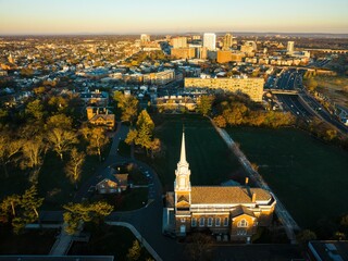 Drone view of the Rutgers University at sunrise in New Brunswick, New Jersey