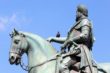 a dove perched on a equestrian statue. Animals and statues.