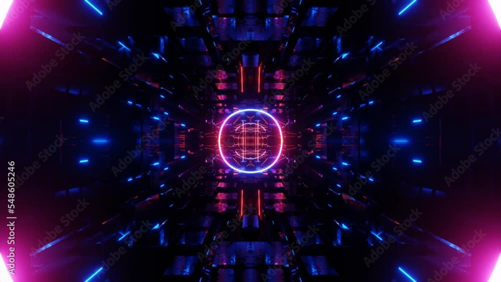 Poster glow sci fi symmetrical construction. vj loop trendy neon tunnel. hi tech neon tunel. sci-fi flight 