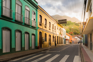 Empty main street of small colonial town Santa Leopoldina in Espirito Santo state in Brazil which...