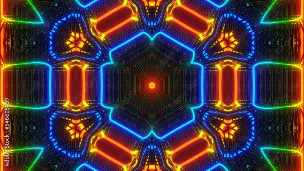 Poster symmetrical pattern. 4k neon kaleidoscope seamless looped background with glow neon lines and mirror