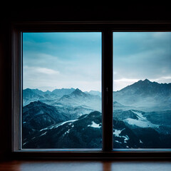 Image of an open window with a mountain view. High quality illustration