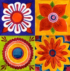 Watercolor elements. Colorful patchwork squares decorated with flowers and leaves