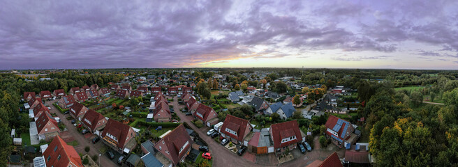 sunset in town. Aerial shot of the city of Gronau at sunset. Sunset view. Aerial view of the city. European cities. German architecture