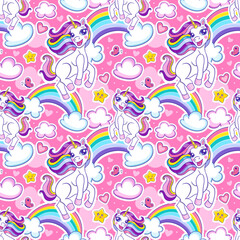 Seamless pattern with cute cheerful unicorn and rainbow. Vector endless background