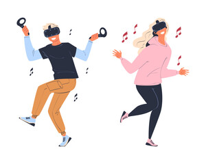 Man and Woman Wearing Virtual Reality Headset Immersed in Abstract VR World Vector Set