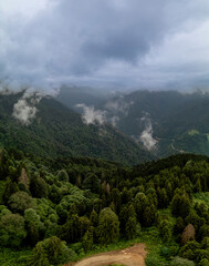 aerial view of foggy forests. Drone shot of the Kackar Mountains in spring. Camlihemsin Rize, Turkey