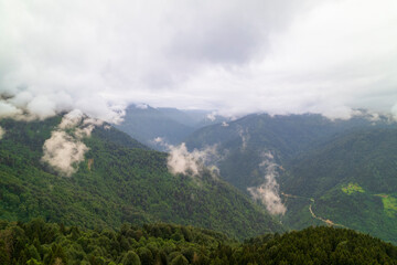 aerial view of foggy forests. Drone shot of the Kackar Mountains in spring. Camlihemsin Rize, Turkey