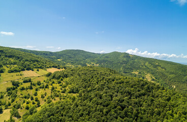 Fototapeta na wymiar Fields and forested areas visible from the sky. black sea forests and geography aerial shot. Gerze, Sinop, turkey
