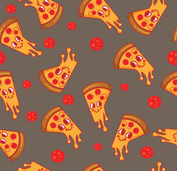 Pizza slice seamless pattern kawaii cartoon style