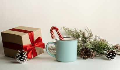 Items of New Year's decor on a light table. Festive concept. Gifts for Christmas and New Year.