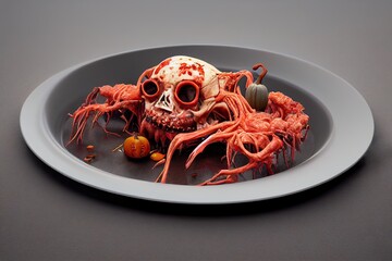 anatomical human part, pieces of brain, guts, skulls, and bones with toxic vegetables, making up a horrifying food dish. A Halloween dinner theme and voodoo rituals are isolated on a grey background.