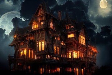 A large victorian house of terror with a full moon in the dark and candlelight. Halloween theme of horror house in the dark. 3D illustration and fantasy digital painting.