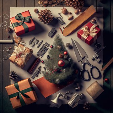 knolling photography of Christmas presents packaging with Christmas tree on flat-lay background. Santa Claus gifts for holiday events and greetings cards. Christmas decorations and wrapping paper.