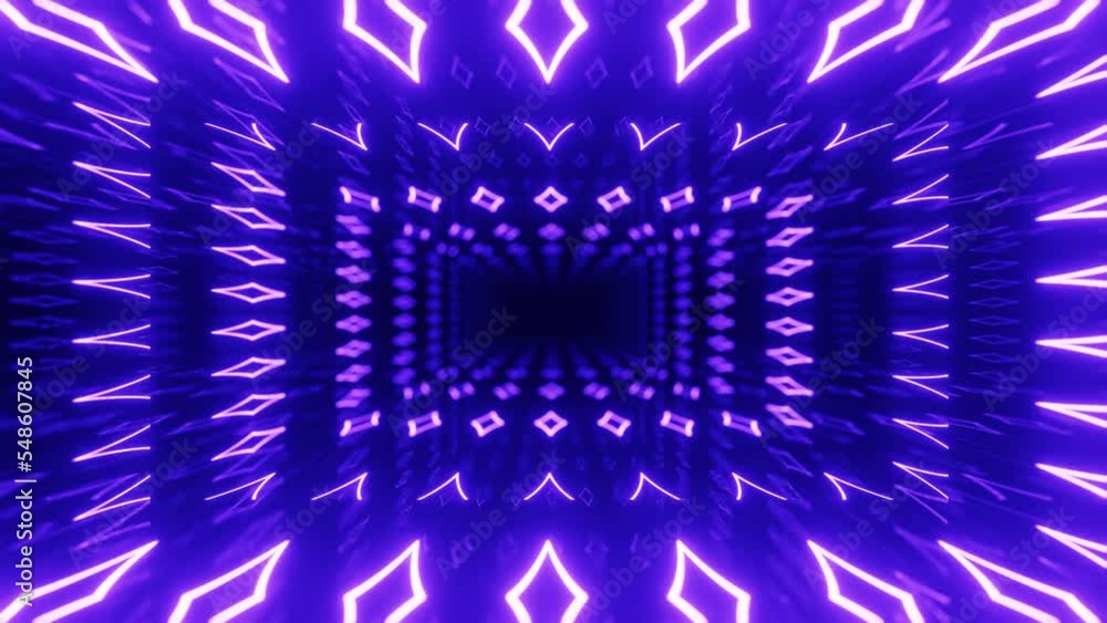 Poster 4k seamless looped animation. fly through mirror tunnel with neon pattern, glow lines form sci fi pa