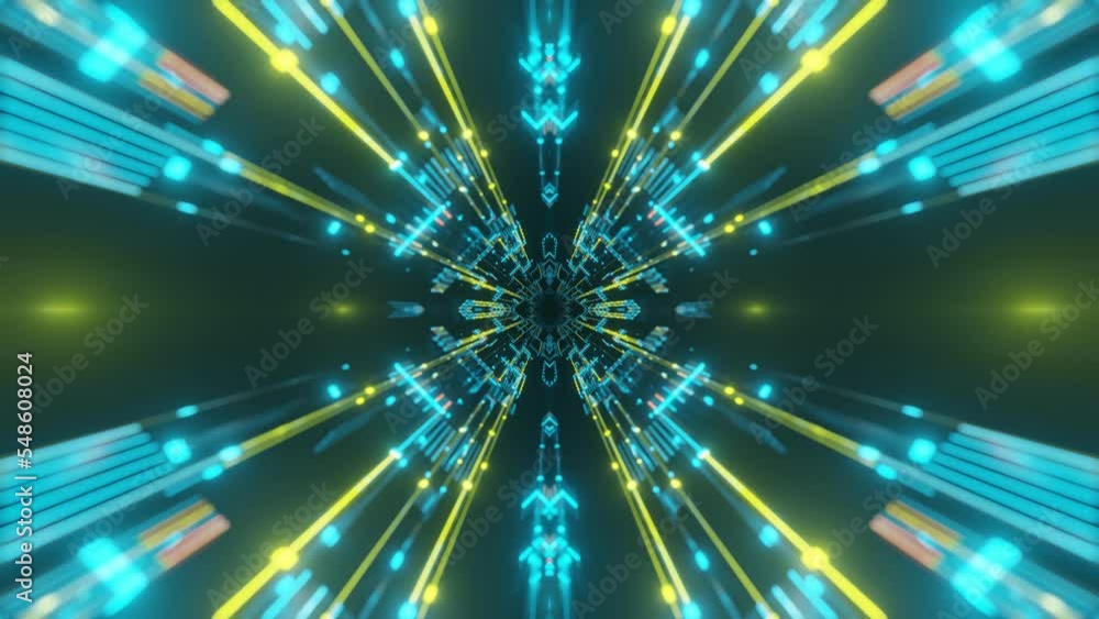 Poster fly through symmetrical technology cyberspace with neon glow. sci-fi flight through hi-tech technolo