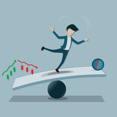Flat of finance concept, The trader without money management standing unstable on the balance - vector