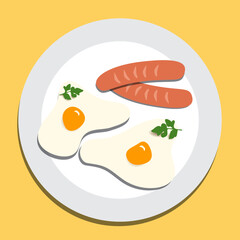 Fried eggs with sausages and parsley on white plate top view on yellow background, vector illustration