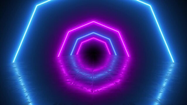 Pink and Blue Neon Tunnel Octagon Shaped Figures Wallpaper Background. Good for music edits, visualizers, festivals, club backgrounds and more!