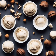 Fototapeta na wymiar nuts and hazelnuts ice cream on seamless texture background. The endless tile pattern about the ice cream ingredients with nuts fruit flavor. 3D illustration and seamless background.