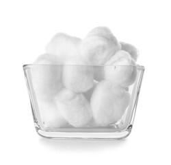 Bowl of soft cotton balls on white background