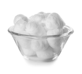 Bowl of soft cotton balls on white background