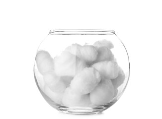 Bowl of soft cotton balls on white background