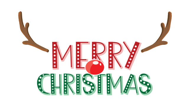 Merry Christmas Text  with Antlers and  Red Nose Reindeer Red Green Vector Illustration