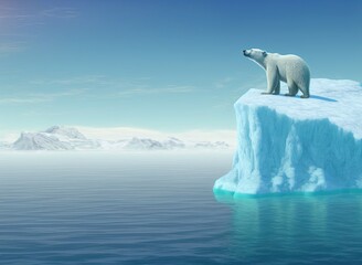 Naklejka na ściany i meble A polar bear is sitting on an iceberg in the Arctic Ocean. The icebergs are floating due to climate change and melting glaciers. 3D rendering.