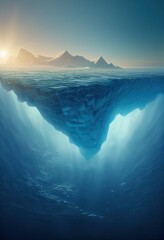 An arctic iceberg floats in clear blue water, hiding covert danger underwater. Climate change and global warming concepts. Melting glaciers and hidden threats and meanings are concealed underwater. - obrazy, fototapety, plakaty