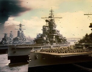 A vintage-style illustration of a fleet with carriers and warships during the 20th-century 2nd World War in the sea. AI-generated