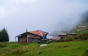 Misty mountains and old village houses. Village life and nature landscapes. North black sea, Camlihemsin, Sal plateau,  Turkey.