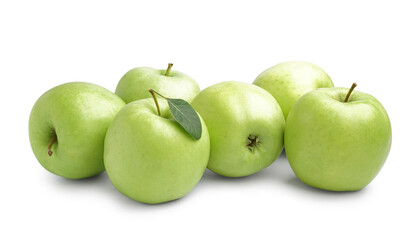 Heap of ripe green apples on white background