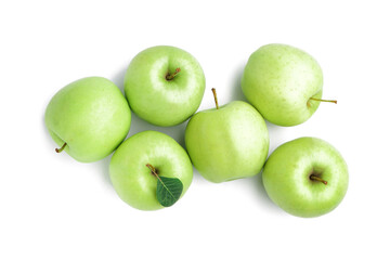 Heap of ripe green apples on white background
