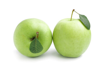 Ripe green apples on white background