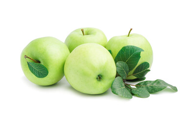 Heap of ripe green apples and plant branch on white background