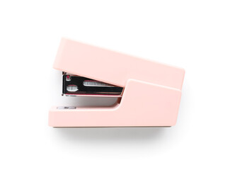 Pink office stapler on white background - obrazy, fototapety, plakaty