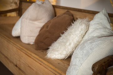 large soft pillows in craft color, background. The concept of sleep, rest