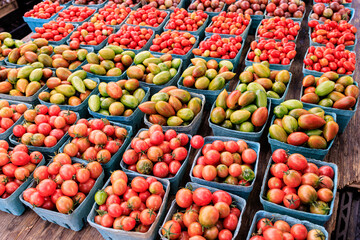 Fresh and organic tomatoes at farmers market
