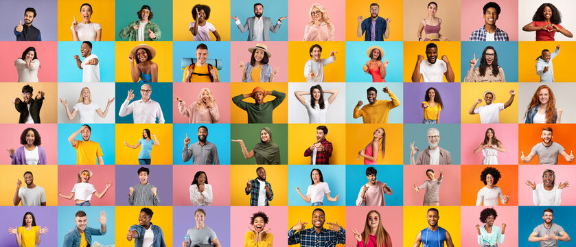 Mosaic With Diverse Happy People Of Different Ethnicity Posing On Colorful Backgrounds