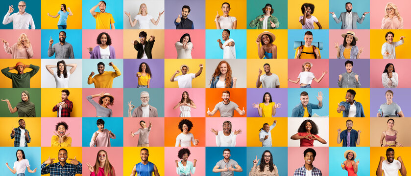 Collage with faces of diverse happy multiethnic people standing over colorful backgrounds