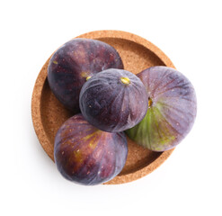 Plate with fresh ripe figs on white background