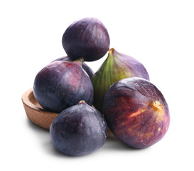 Plate with fresh ripe figs on white background