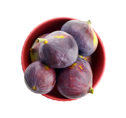 Bowl of fresh ripe figs on white background